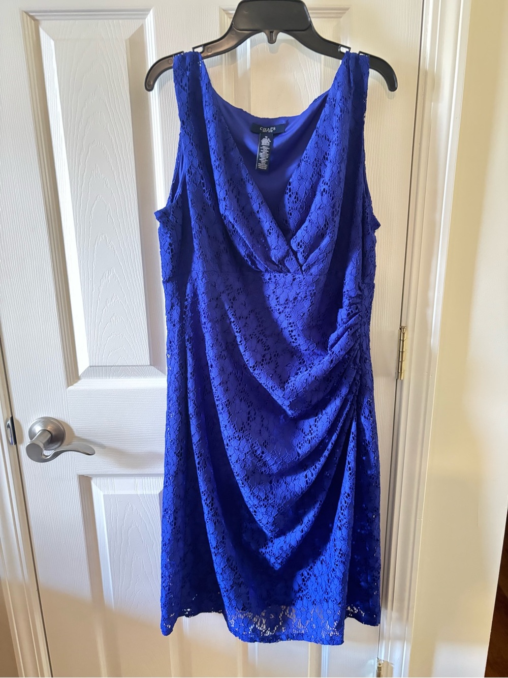 Chaps Royal Blue Lace Draped Cocktail Dress